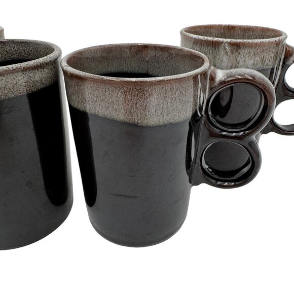 Vtg Japanese Coffee Mugs 2 Finger Drip Glaze Brown Stoneware Set of 4 - Picture 1 of 10